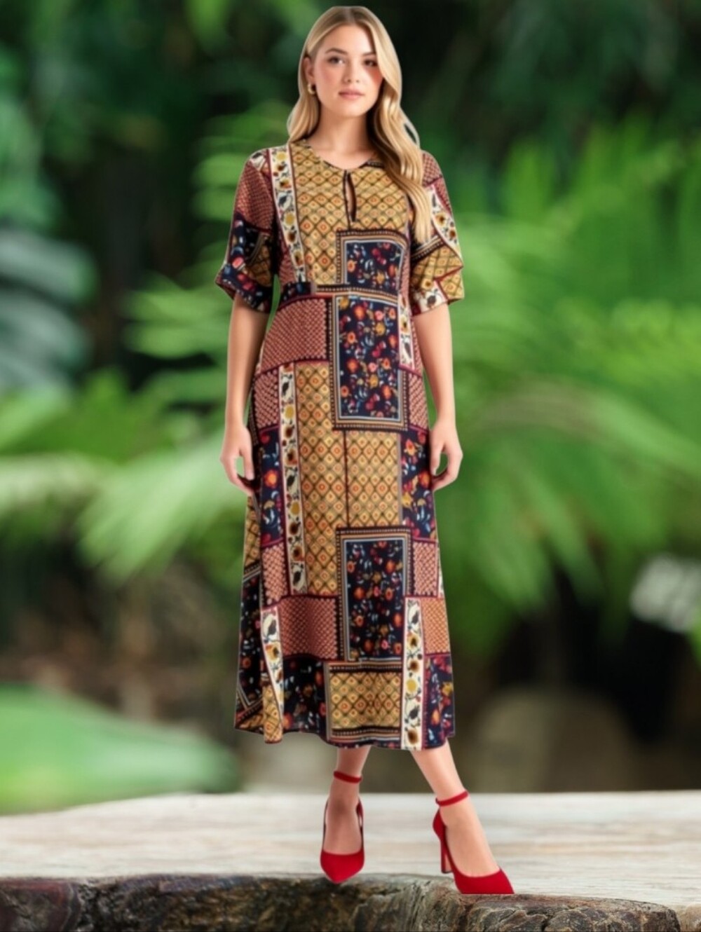 M🌸Zara Patchwork Print Maxi Dress in Navy, Mustard & Red Accents